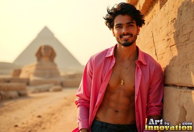 Wearing an unbuttoned pink shirt, a happy man leans on a wall near the Sphinx