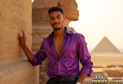 A man in a purple thin silk shirt stands by stone ruins under warm afternoon sunlight