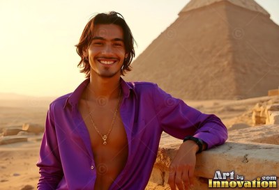 Leaning on a stone wall, a smiling man in a purple shirt stands before a pyramid