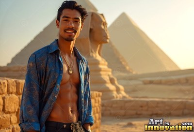 At the Giza pyramids, a smiling man stands in an open blue silk shirt
