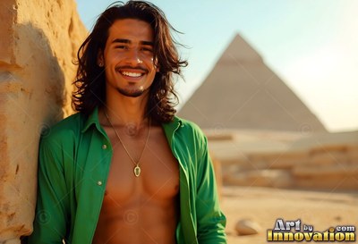 Smiling in an open green shirt, a man props himself back near a pyramid in warm sunlight