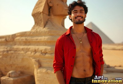 Beaming man in an unbuttoned red shirt by the Sphinx in sunlight