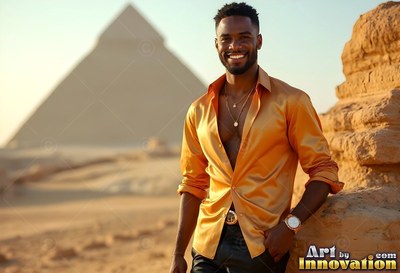 Unbuttoned golden soft silk shirt on a smiling man standing by the Giza pyramid