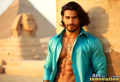 A man props himself back in an open turquoise shirt under warm desert sunlight