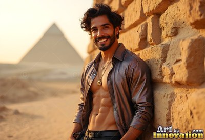 Leaning against a stone wall in Giza, a grinning man wears an open soft silk shirt