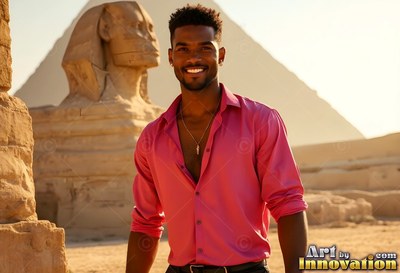 Happy man in an unbuttoned pink shirt standing by the Sphinx in bright sunlight