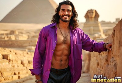 At Giza, a smiling man stands in an open dark purple shirt before the Sphinx and pyramids