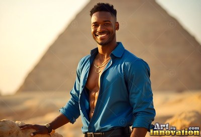 Smiling in sunlight, a man in an open blue shirt poses before a pyramid