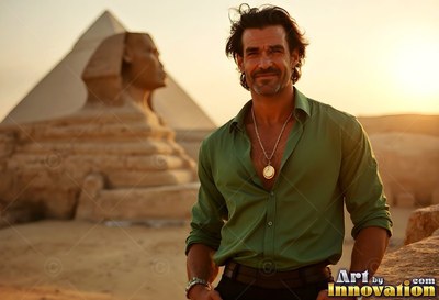 A happy man in a green shirt stands by the Sphinx at sunset