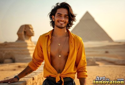 Wearing an open yellow shirt, a smiling man stands near the Sphinx and pyramids
