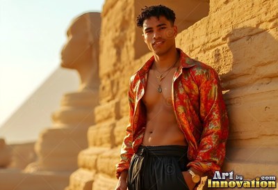 A man props himself by the Sphinx in an open red shirt touched by warm sunlight
