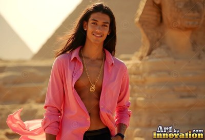 Happy man standing in an open pink shirt near the Sphinx in Egypt