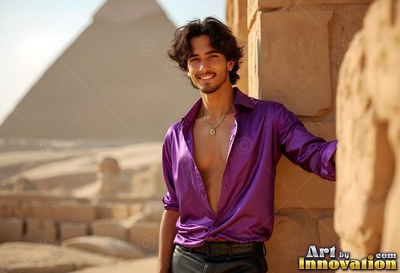 A happy man leans on stone ruins in an open purple smooth silk shirt by Giza pyramids
