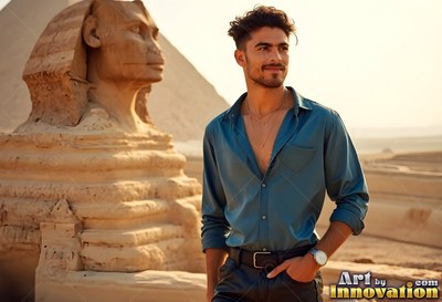 By the Great Sphinx, a smiling guy stands in an open teal soft silk shirt
