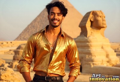 Smiling in a shiny gold shirt, a man poses in the desert by the Great Sphinx