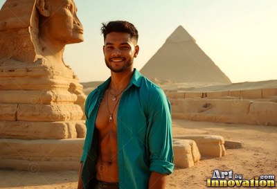 Smiling man in an open deep teal shirt by the Sphinx and pyramid