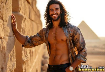 Wearing an unbuttoned patterned shirt, a smiling man rests against a stone wall near a pyramid
