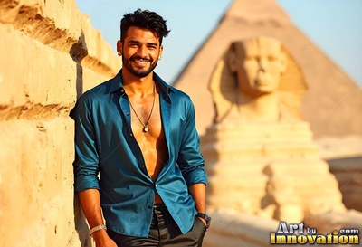 Leaning against stone by the Sphinx, a smiling man wears an open teal shirt
