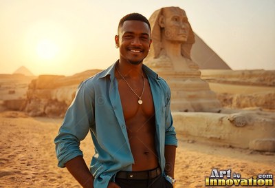 A smiling man in an unbuttoned blue shirt stands by the Sphinx at sunset