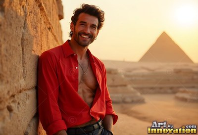 Near a stone wall, a grinning man in an unbuttoned red shirt stands before pyramids
