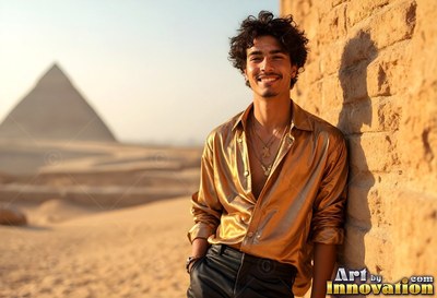 Leaning on a stone wall, a happy man in a gold smooth silk shirt stands before a pyramid