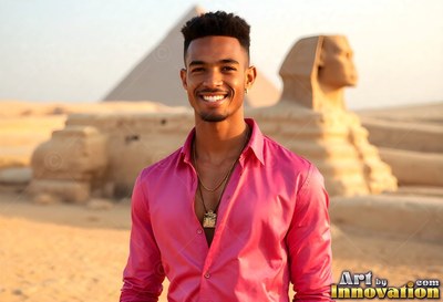 Smiling guy in a pink shirt standing by the Great Sphinx