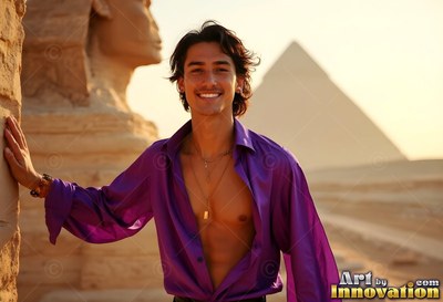 In an unbuttoned light purple shirt, a smiling youthful man stands by the Sphinx under warm sunlight