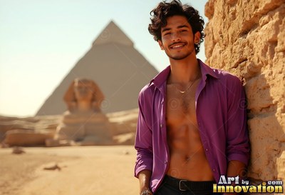 A happy man leans on a stone wall by the Sphinx in warm desert sunlight