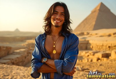 A beaming man stands in an open blue shirt before the sunny Giza pyramids