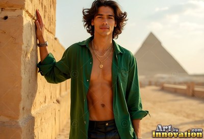 Near the pyramids, a youthful man props himself on a stone wall in an open green shirt