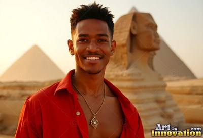 Smiling in the desert sun, a man in an open red shirt stands before the Sphinx