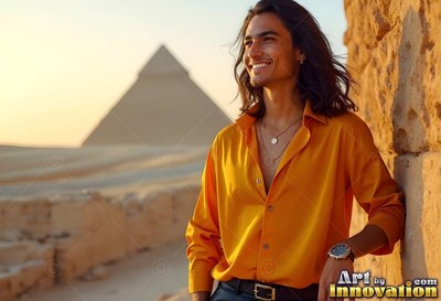 A smiling man in a bright orange shirt near a pyramid