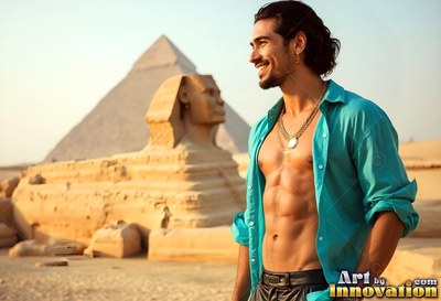 Wearing an open turquoise shirt, a grinning man stands by the Sphinx and a pyramid
