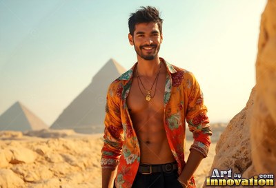 A beaming man stands in an open orange shirt before the pyramids under bright sun