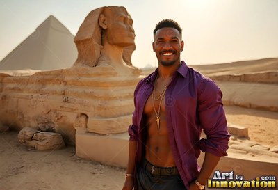 Standing by the Sphinx, a smiling man wears an open purple shirt