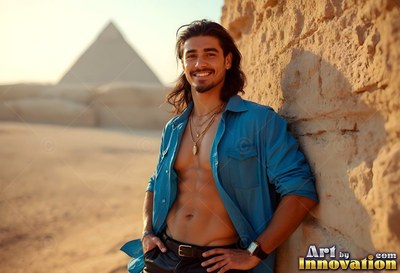 A smiling man dressed in an unbuttoned blue shirt leans by a stone wall near a pyramid