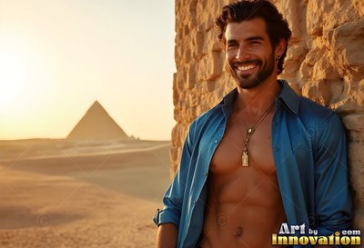 Near the Giza pyramid, a smiling man leans on a stone wall in an open blue shirt