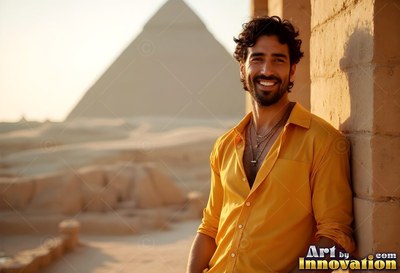 Smiling in warm sunlight, a man in a yellow shirt leans by a pyramid