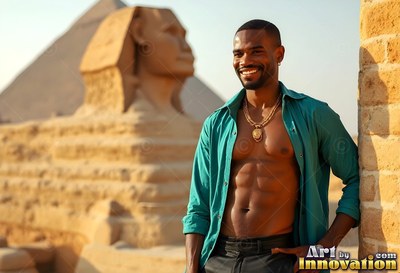 Cheerful man dressed in an open light teal shirt by the Sphinx