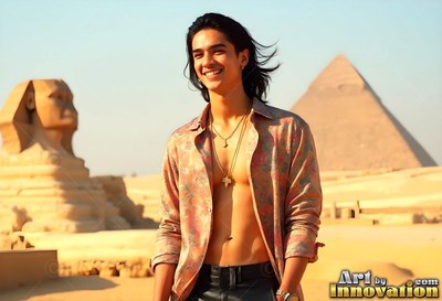 In an open floral shirt, a smiling young man stands before the Great Sphinx and a pyramid