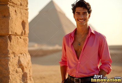 A cheerful man stands before a pyramid wearing an open pink shirt under warm sunlight