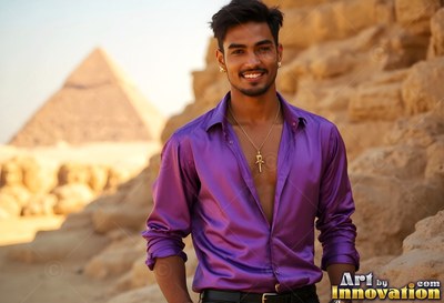 Cheerful man wearing an unbuttoned purple thin silk shirt standing near the pyramids in Giza