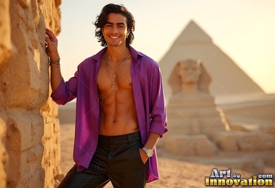 A smiling man with an open deep purple shirt stands by stone ruins near the Sphinx