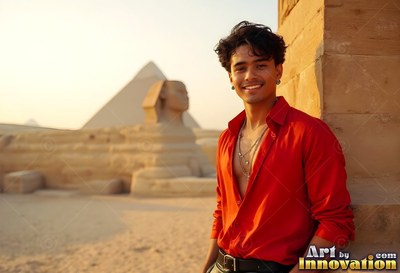 At the Giza pyramids, a beaming man props himself on stone in an unbuttoned red shirt