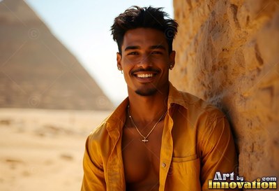 Smiling in the desert sun, a man with an unbuttoned gold shirt leans on a stone wall