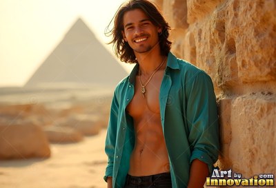 Beaming man wearing an open green shirt by a pyramid wall