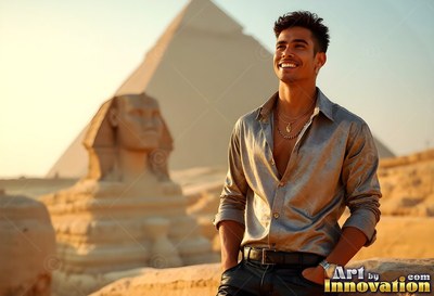 A man in an unbuttoned silver light silk shirt smiles by the Sphinx and pyramids