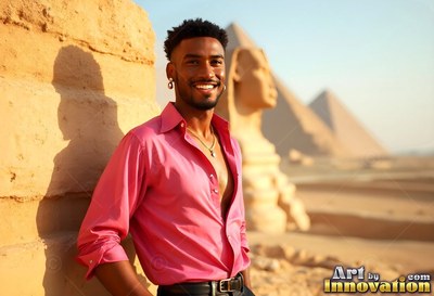 A happy man props himself by the Sphinx in a pink shirt caught in warm sunlight