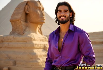 Cheerful man in a purple light silk shirt stands beside the Great Sphinx