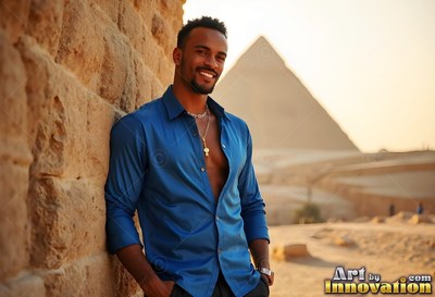 A happy man leans on a stone wall in an open blue shirt by the pyramids